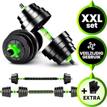 Venom Sports verstelbare dumbbell set tot 20kg - Halterset – 2-in-1 Gewichten – Gebruiksvriendelijke Fitness Stang – Home Gym – Krachttraining – Groen