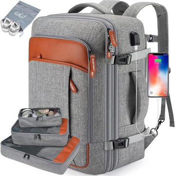 Carry-on Rugzak, Extra Grote 40L Vlucht Goedgekeurde Reisrugzak voor Mannen Vrouwen Uitbreidbare Grote Koffer Rugzak met 4 Verpakkingskubussen, Waterbestendige Bagage, Grijs (rugzak met 3)