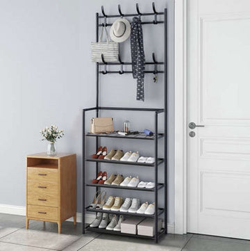 Eleganca Kledingrek met planken – Schoenenrek – Garderoberek – Ruimtebesparend – Stevig en stabiel – 2-in-1 hangerrek - 5 planken - Metaal – 170x79x25cm - Zwart
