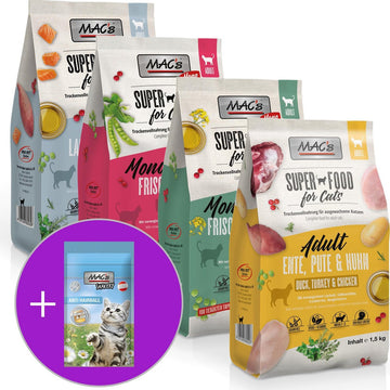 MAC’s Superfood Kattenvoer mixpakket 4 x 1,5 kg + Macs kattensnoepjes