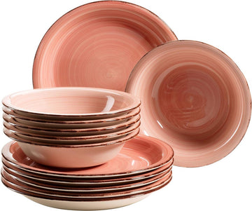 Bel Tempo II, bordenset voor 6 personen in moderne vintage look, 12-delig tafelservies, handbeschilderd, roze, aardewerk