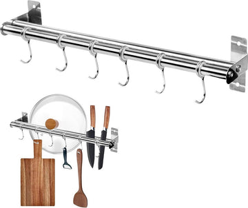 Roestvrij Stalen Keukenhaken | Dubbele Stang Ophangrail | 6 Haken | Keukengerei Houder 40 cm - Zonder Boren keukenstang
