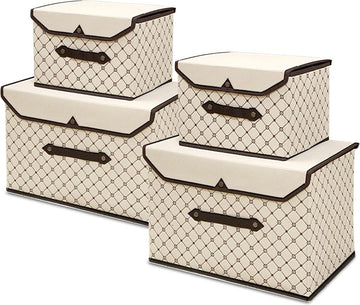 Opbergdoos met deksel, stof, 4 stuks, opvouwbare opbergdozen voor kledingkast, kleding, speelgoed, boeken, cosmetica (beige ruit)