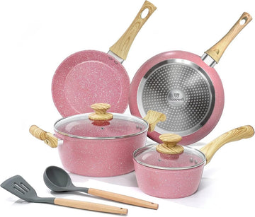 Roze pannenset 8-delige pot- en braadpannenset Pan met coating voor inductie e koekenpannenset met deksel Geschikt voor alle kookplaten Anti-kromtrekkende bodem