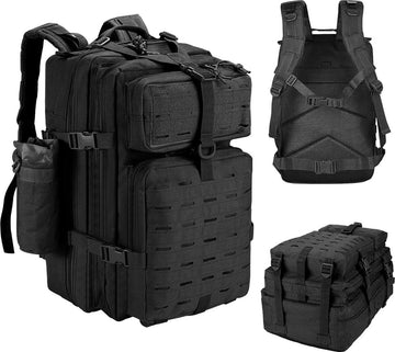 Militaire tactische rugzak, 45 liter, grote capaciteit, leger-Assault Pack, waterdichte rugzak voor wandelen, jacht, trekking en kamperen en andere outdoor-activiteiten, camoblack, Zwart 45L