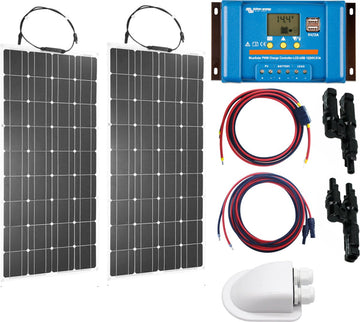 Set Flexibel Zonnepaneel 200Wp 12V Caravan, Camper, Boot, Tent of Tuinhuisje - Victron Energy BlueSolar PWM 20A LCD&USB laadregelaar - Zonnepaneel Compleet Pakket - Plug-Play set schematische tekening en handleiding-Monokristallijn