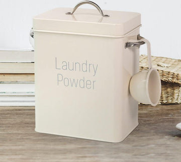 Waspoeder, bewaardoos voor wasmiddel, doos met doseerlepel en schep, waspoeder, metalen opbergdoos, 4 liter, poeder bewaardoos (melkwit)