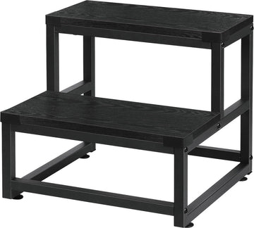 Opstapkruk 2-traps heavy duty staal en houten kruk - draagvermogen tot 220 kg - voor volwassenen en kinderen - zwart - bed keuken badkamer