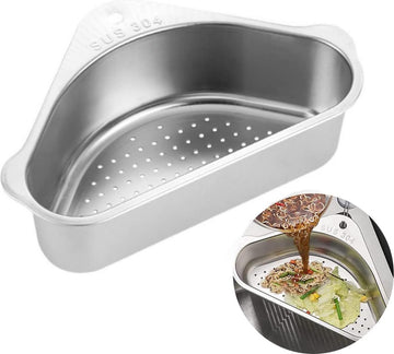 304 roestvrijstalen spoelbak-afvoerrek, driehoekige gootsteenzeefmand, spoelbakfilterplank, multifunctionele spoelbakorganizer voor filter-levensmiddelafval en wassen, groenten of fruit (zilver)