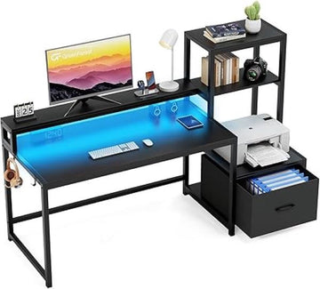 SHOP YOLO-game bureau-met Lade en Printer Plank-150 cm Omkeerbaar Computerbureau met LED-verlichting-Monitorstandaard en Haken Voor Computerwerkstation-Zwart