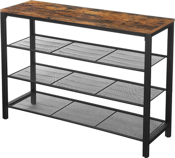 Hoppa! Schoenenrek, schoenenrek, schoen organisator met 3 strak gemaasde gaasplanken, gang, woonkamer, slaapkamer, eenvoudige constructie, stal, industriële stijl, vintage bruin-zwart