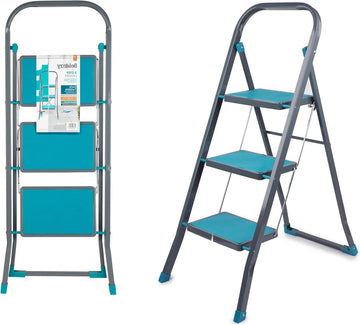 3-trapladder met antisliptreden - duurzaam en stevig - voor binnen en buiten - reikhoogte van ca. 25 meter - veiligheidsclip - opvouwbaar - turkoois/grijs Ladder