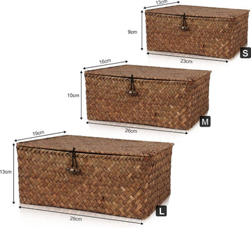Rotan opbergmand met deksel, 3 stuks, natuurlijk zeegras, gevlochten manden, multifunctionele opbergdoos voor speelgoed, cosmetica, badkamer, toiletpapier