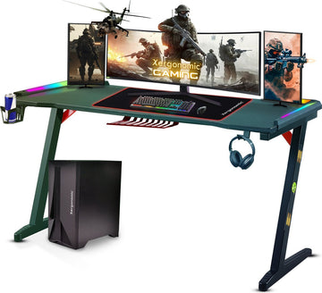 Xergonomic Hard2Kill Gaming Desk - Game bureau met LED verlichting – Incl. beker- en koptelefoonhouder – Carbon fiber-look – B140xD57xH75 cm – Zwart