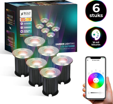 Bolt Electronics ® Grondspots – LED Spots – Buitenlamp – Tuinspots – Tuinverlichting Lamp – Tuinlamp – Waterdicht – Dimbaar – Bluetooth – RVS – 5.5 Watt – 230V – Besturing via app – 6 stuks
