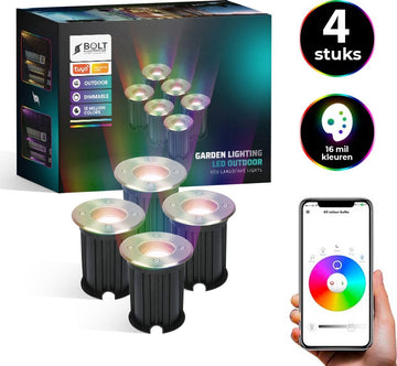 Bolt Electronics ® Grondspots – LED Spots – Buitenlamp – Tuinspots – Tuinverlichting Lamp – Tuinlamp – Waterdicht – Dimbaar – Bluetooth – RVS – 5.5 Watt – 230V – Besturing via app – 4 stuks