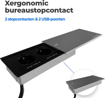 Xergonomic bureau stopcontact met schuifklep – L10xB19xH3.5cm - Bureau stekkerdoos met 2 stopcontacten en 2 USB-poorten – Inbouw contactdoos voor huis en kantoor meubilair – Stevige inbouw stekkerblok – Inbouwstopcontact – Zilver