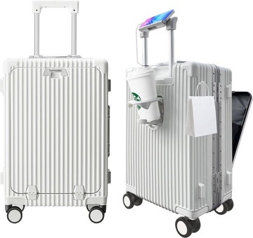 Goedgekeurd handbagage met spinner-wielen, 20 inch koffer met aluminium frame, geïntegreerd TSA-slot, met USB-poort en beker, mobiele telefoonhouder reiskoffer, wit, Ontwerp met