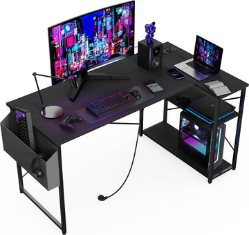 Klein Hoekbureau met Stopcontacten - 100x70 cm L-vormig Computerbureau Schrijftafel Omkeerbare Grote Opbergplanken Boekenplank Werkstation voor Studie Speel Werk Slaapkamer Thuis Kantoor