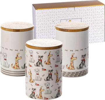 Keramische Voorraadpotten Set van 3 - Keuken Opbergpotten - Luchtdichte Bamboe Deksels - Leuke Keukenaccessoires - Cadeaus voor Hondenliefhebbers - 1200ml