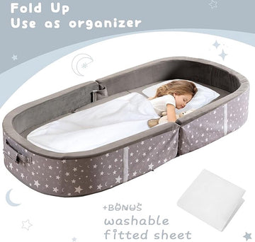 Draagbaar, waterdicht kinderbed, vloerbed, peuters, reisbed met matras, wasbaar hoeslaken, opvouwbaar reisbed voor camping, diep grijs