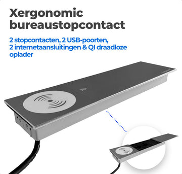 Xergonomic bureau stopcontact – B35xL10xH3.5cm - Bureau stekkerdoos met 2 stopcontacten, 2 USB-poorten, 2 internetaansluitingen en QI draadloze oplader – Inbouw contactdoos voor meubilair – Stevige en moderne inbouwstekkerblok – Zilver