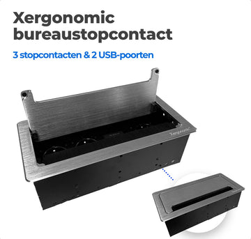 Xergonomic bureau stopcontact met kabeldoorvoer – B26.5xL13xH8cm - Bureau stekkerdoos met 3 stopcontacten en 2 USB-poorten – Inbouw contactdoos voor huis en kantoor meubilair – Stevige en moderne inbouwstekkerblok – Zilver