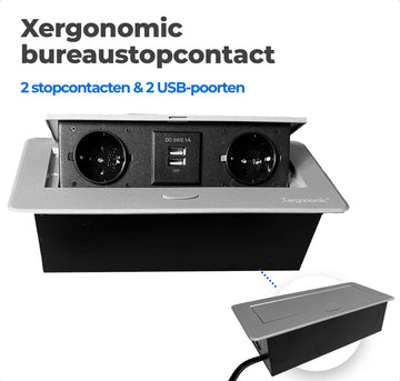 Xergonomic bureau stopcontact – B26.2xL11.6xH6.5cm - Bureau stekkerdoos met 2 stopcontacten en 2 USB-poorten – Inklapbare inbouw stekkerdoos – Inbouw contactdoos voor huis en kantoor meubilair – Stevige en moderne inbouwstekkerblok – Zilver