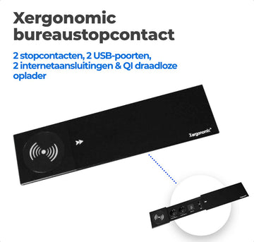Xergonomic bureau stopcontact – B35xL10xH3.5cm - Bureau stekkerdoos met 2 stopcontacten, 2 USB-poorten, 2 internetaansluitingen en QI draadloze oplader – Inbouw contactdoos voor huis en kantoor meubilair – Stevige en moderne inbouwstekkerblok – Zwart