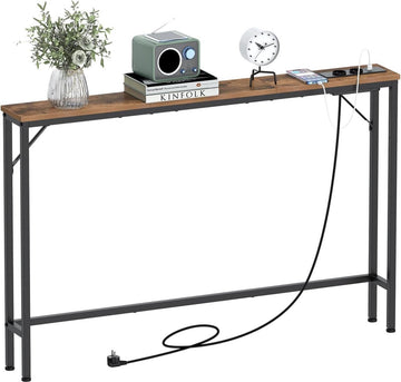 Consoletafel - Wandtafel - Haltafel met lades - 15 cm smalle consoletafel met laadstation, industrieel design, moderne salontafel met stabiel stalen frame, voor woonkamer, hal, kantoor (vintage bruin, 120 x 15 x 80 cm (d x b x h)