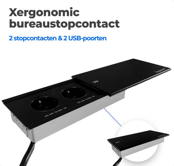 Xergonomic bureau stopcontact met schuifklep – L10xB19xH3.5cm - Bureau stekkerdoos met 2 stopcontacten en 2 USB-poorten – Inbouw contactdoos voor huis en kantoor meubilair – Stevige inbouwstekkerblok – Inbouwstopcontact – Zwart