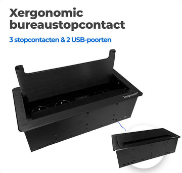 Xergonomic bureau stopcontact met kabeldoorvoer – B26.5xL13xH8cm - Bureau stekkerdoos met 3 stopcontacten en 2 USB-poorten – Inbouw contactdoos voor huis en kantoor meubilair – Stevige en moderne inbouwstekkerblok – Zwart