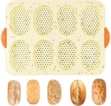 Bakvorm broodjes, broodjes, bakvorm, siliconen met olieborstel, broodjesbakvormen, mini-stokbrood, bakplaat, anti-aanbak, baguettevorm, siliconen vormen, 8 eenheden, bakvorm, brood, crisping