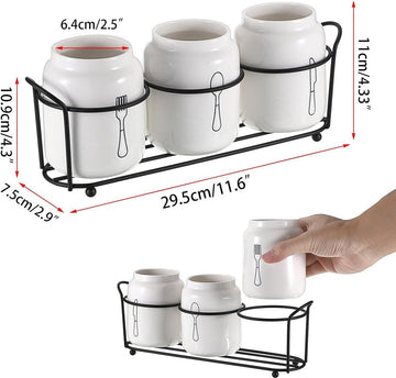 3-delige keramische bestekset - bestekmand metaal - lepelhouder aardewerk - wit Cutlery Organizer