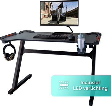 Xergonomic Game Bureau Met Led - Gaming Desk - Gaming Bureau Incl. Bekerhouder, Koptelefoonhouder en Kabelorganizer - B125 x H75 x L62 cm - Zwart