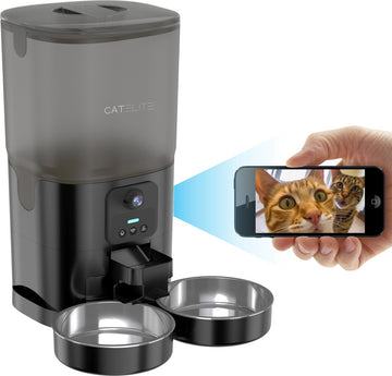 CatElite® - Automatische Voerbak Kat Dubbel - Dual WiFi 5GHz & 2.4GHz - HD Camera & Audio - Night Vision - Voerautomaat met Smart App - 7L Voerdispenser RVS - Zwart - Incl. E-book