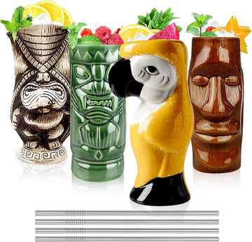 Glazen voor cocktails, Tiki-mokken, set van 4 keramische mokken, tropische mokken, Hawaiiaans Tiki-feest, creatief cocktailglas, drankjes, grote bar drankjes, schattig bar servies, 4 pakjes cadeau, geel.