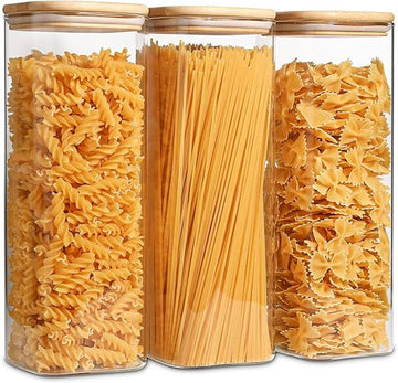 SHOP YOLO-Opbergpot Spaghetti -2100 ml Glazen-met Bamboe Deksel voor Pasta-Koffiebonen-Set van 3