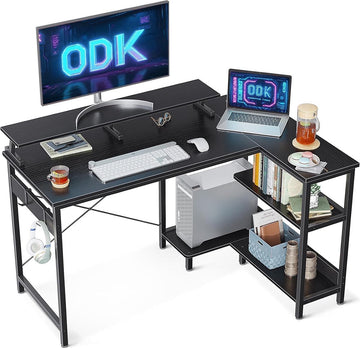 Hoekbureau zwart, L-vormig bureau met rek, omkeerbaar, gamingtafel, L-vorm met lange monitorstandaard, computertafel, L-vorm, pc-tafel, kantoortafel voor thuiskantoor, 120 x 80 x 88 cm