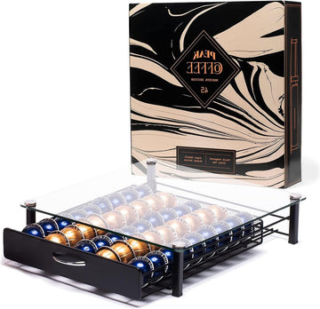45 Pads Glazen Opbergvak Houder Compatibel met Nespresso Vertuo Vertuoline en Dolce Gusto - Grootste Vertue Capsule Vak - Peak Coffee