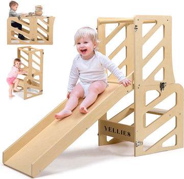 Yellies Leertoren - Learning Tower - Leertoren Keukenhulp - Keukentoren - Montessori Leertoren - 3 In 1 - Opvouwbaar - Inklapbaar - Incl. NL Handleiding - Hout