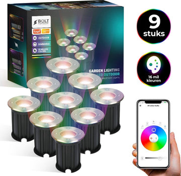 Bolt Electronics Grondspots – LED Spots – Buitenlamp – Tuinspots – Tuinverlichting Lamp – Tuinlamp – Waterdicht – Dimbaar – Bluetooth – RVS – 5.5 Watt – 230V – Besturing via app – 9 stuks