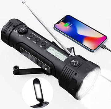 Zaklamp met zwengel, campinglamp, zwengelradio, met 3000 mAh oplaadbare accu, noodradio, led-campinglamp, FM-dynamo, zonnetalarm, voor outdoor, wandelen