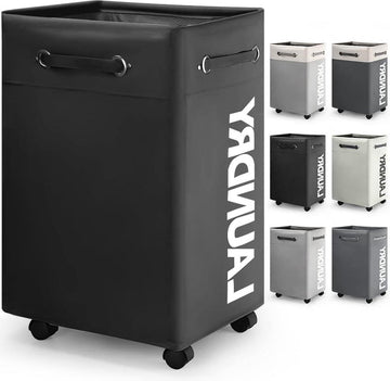 Grote Inklapbare Wasmand - 74L Opvouwbare Dunne Wasmand - Wielen en Handvat - Praktische Opbergbox - Zwart o2 Wasmand