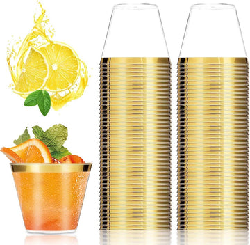Herbruikbare drinkbekers met gouden rand - 80 stuks - 270 ml - elegante feestglazen - voor woondecoratie feest bruiloft - verjaardag picknick shotglaasjes plastic wegwerp