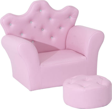 Kindersofa met kristallen knoppen en poef roze