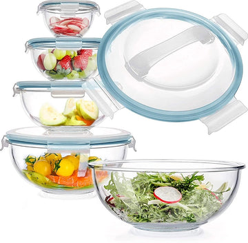 Glazen Mengkommen Set van 5 Glazen Kommen Met Deksels, Ruimtebesparende Nesting Kommen Antislip Salade Kommen BPA-vrij voor het Combineren van Opslag Koken