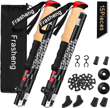 Opvouwbare aluminium wandelstokken met kurken handvat, trekkingstokken, Nordic Walking stokken, telescopisch opvouwbare en verstelbare wandelstokken, met 4 paar rubberen buffers voor trekking, 135 cm.