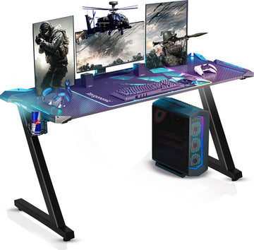 Xergonomic Aurora Gaming Desk - Bureau met carbonfiber look - LED-Verlichting - Incl. beker-, koptelefoonhouder en kabelorganizer - B125xH75xL62 cm - Zwart