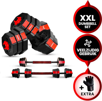 Venom Sports verstelbare dumbbell set tot 20kg - professionele 2-in-1 halterset gewichten - gebruiksvriendelijke fitness stang - rood